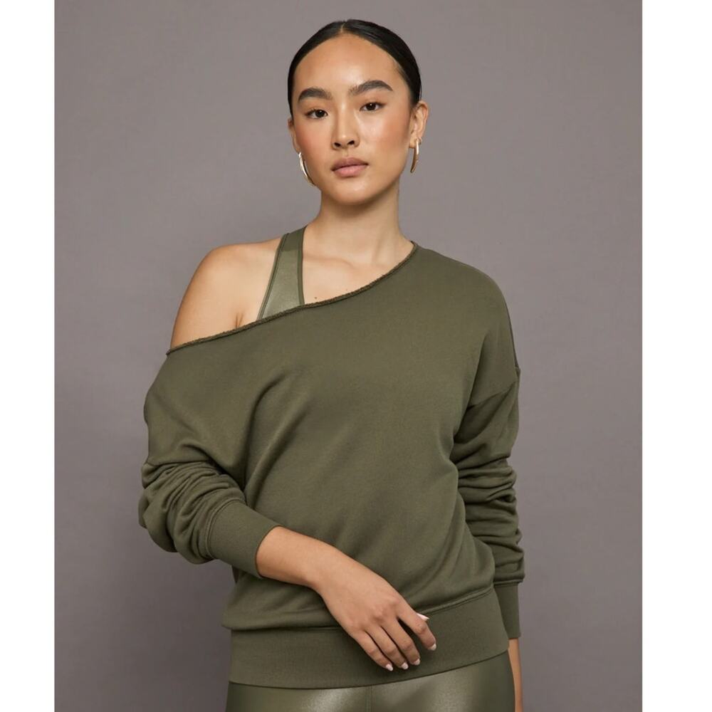 Carbon38 Off Shoulder Sweatshirt French Terry Olive Green Size Large Workout EUC